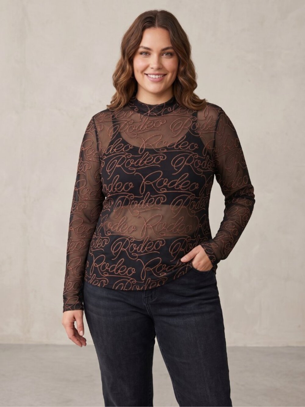 NWOT Western Sheer Mesh Cursive Rodeo Rope Script Long Sleeve Top 2XL